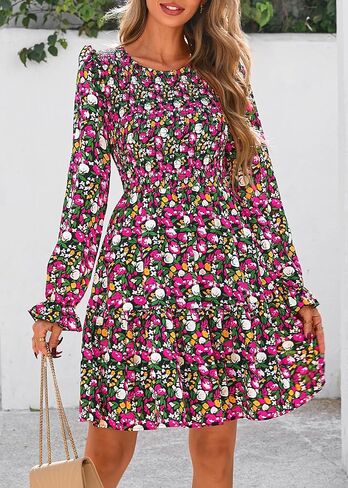 KIRUNDO Women Spring Summer Long Sleeve Floral Dress Casual Crewneck Smocked High Waist Ruffle A Line Flowy Mini Dresses in Kuwait