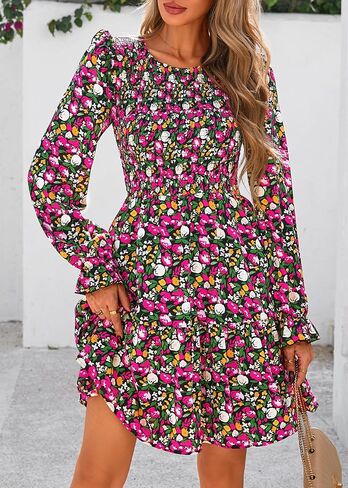 KIRUNDO Women Spring Summer Long Sleeve Floral Dress Casual Crewneck Smocked High Waist Ruffle A Line Flowy Mini Dresses in Kuwait