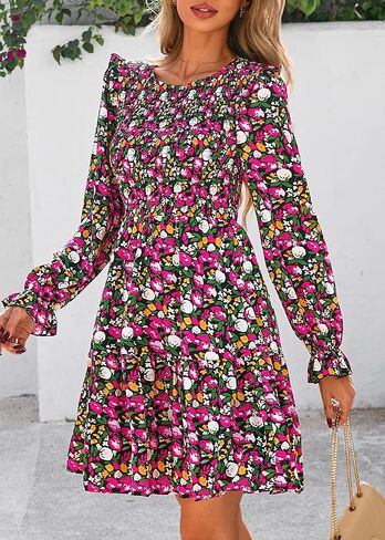 KIRUNDO Women Spring Summer Long Sleeve Floral Dress Casual Crewneck Smocked High Waist Ruffle A Line Flowy Mini Dresses in Kuwait