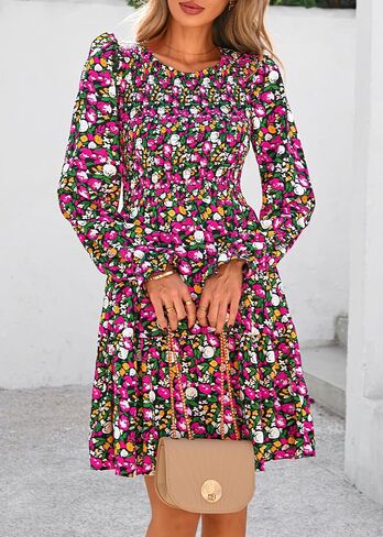 KIRUNDO Women Spring Summer Long Sleeve Floral Dress Casual Crewneck Smocked High Waist Ruffle A Line Flowy Mini Dresses in Kuwait