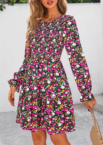 KIRUNDO Women Spring Summer Long Sleeve Floral Dress Casual Crewneck Smocked High Waist Ruffle A Line Flowy Mini Dresses in Kuwait