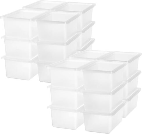 Outus 24 pcs صناديق بلاستيكية صغيرة مع أغطية تخزين ألعاب تخزين الفصول الدراسية صناديق الكتب الكتب مع 15 ورقة ملصقات لاصقة لللوازم المدرسية الفصول الدراسية (المعكرون) in Kuwait