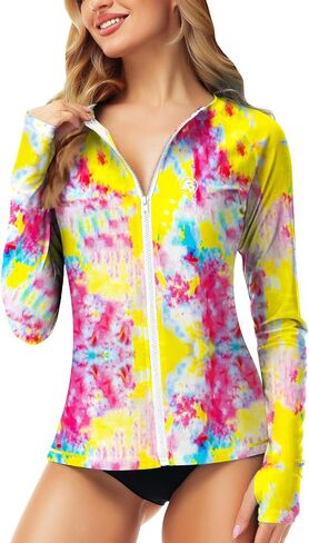 AOBUTE Women Zipper Rash Guard UPF 50+ Sun Protection Swim Shirt Surf Top with Thumb Hole in Kuwait
