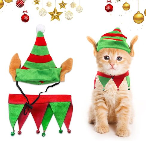 Threetols Dog Christmas Costumes Set, Dog Christmas Outfit Dog Cat Green Red Top Hat Outfit Funny Elf Xmas Hat and Collar with Bell Set for Puppy Winter New Year Holiday Accessories Supplies（S） in Saudi Arabia