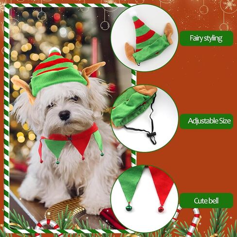 Threetols Dog Christmas Costumes Set, Dog Christmas Outfit Dog Cat Green Red Top Hat Outfit Funny Elf Xmas Hat and Collar with Bell Set for Puppy Winter New Year Holiday Accessories Supplies（S） in Saudi Arabia