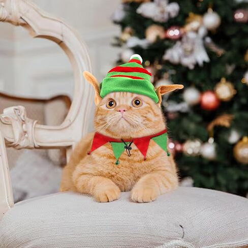 Threetols Dog Christmas Costumes Set, Dog Christmas Outfit Dog Cat Green Red Top Hat Outfit Funny Elf Xmas Hat and Collar with Bell Set for Puppy Winter New Year Holiday Accessories Supplies（S） in Saudi Arabia