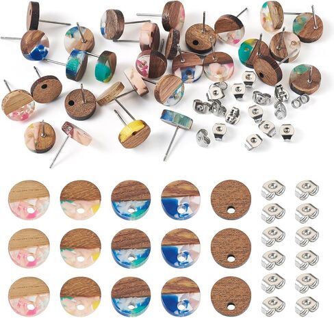 FASHEWELRY 30Pcs Resin Wood Earrings Posts 20mm Flat Round Wooden Earring Blanks Gold Foil Wooden Earring Pin Studs with Earring Back for Dangle Earring Jewelry Making in Saudi Arabia