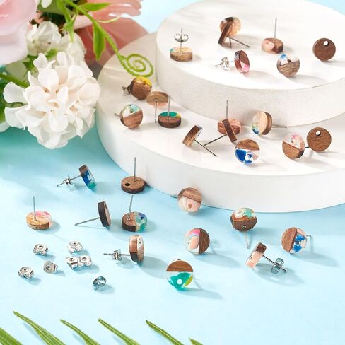 FASHEWELRY 30Pcs Resin Wood Earrings Posts 20mm Flat Round Wooden Earring Blanks Gold Foil Wooden Earring Pin Studs with Earring Back for Dangle Earring Jewelry Making in Saudi Arabia