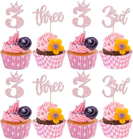 24 Pack Three Cupcake Toppers Glitter Happy 3rd Birthday Picks Crown Cake Decorations for Third Baby Shower Anniversary Party Supplies Pink in Kuwait