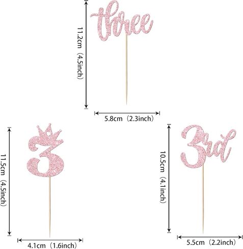 24 Pack Three Cupcake Toppers Glitter Happy 3rd Birthday Picks Crown Cake Decorations for Third Baby Shower Anniversary Party Supplies Pink in Kuwait