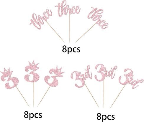 24 Pack Three Cupcake Toppers Glitter Happy 3rd Birthday Picks Crown Cake Decorations for Third Baby Shower Anniversary Party Supplies Pink in Kuwait