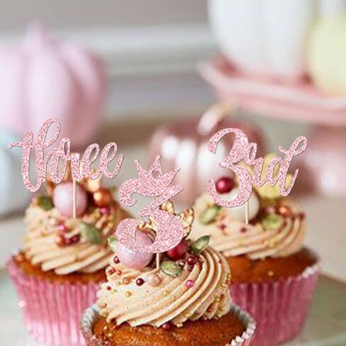 24 Pack Three Cupcake Toppers Glitter Happy 3rd Birthday Picks Crown Cake Decorations for Third Baby Shower Anniversary Party Supplies Pink in Kuwait