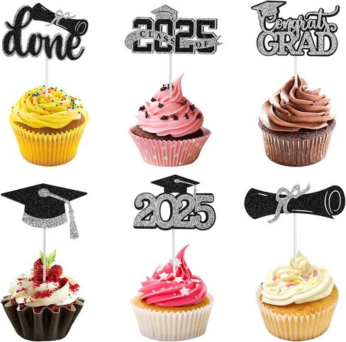 24pcs Graduation Cupcake Toppers, 6 Styles Diploma Cupcake Toppers 2025 Graduation Caps Glitter Theme Cake Topper Picks Decorations Party Suppliess (Black and Gold) in Saudi Arabia