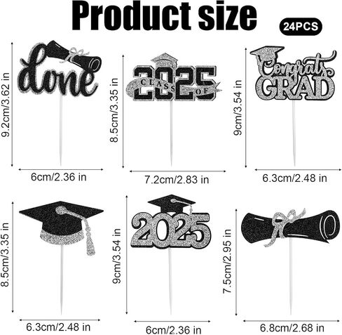 24pcs Graduation Cupcake Toppers, 6 Styles Diploma Cupcake Toppers 2025 Graduation Caps Glitter Theme Cake Topper Picks Decorations Party Suppliess (Black and Gold) in Saudi Arabia