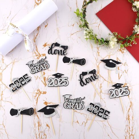 24pcs Graduation Cupcake Toppers, 6 Styles Diploma Cupcake Toppers 2025 Graduation Caps Glitter Theme Cake Topper Picks Decorations Party Suppliess (Black and Gold) in Saudi Arabia