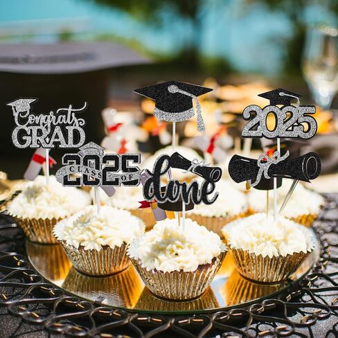 24pcs Graduation Cupcake Toppers, 6 Styles Diploma Cupcake Toppers 2025 Graduation Caps Glitter Theme Cake Topper Picks Decorations Party Suppliess (Black and Gold) in Saudi Arabia