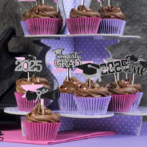 24pcs Graduation Cupcake Toppers, 6 Styles Diploma Cupcake Toppers 2025 Graduation Caps Glitter Theme Cake Topper Picks Decorations Party Suppliess (Black and Gold) in Saudi Arabia