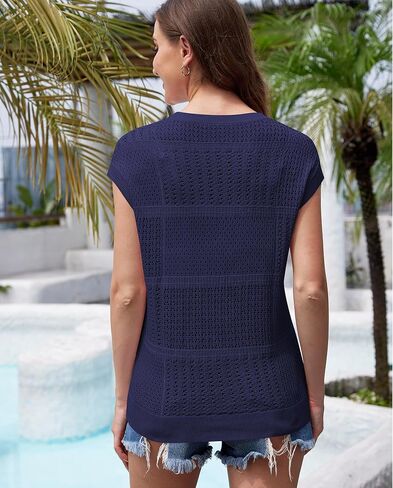 VIISHOW المرأة الصيف الكروشيه متماسكة البلوز القمم Crewneck كم كاب خفيفة الوزن سترة سترة عادية تانك القمم in Kuwait