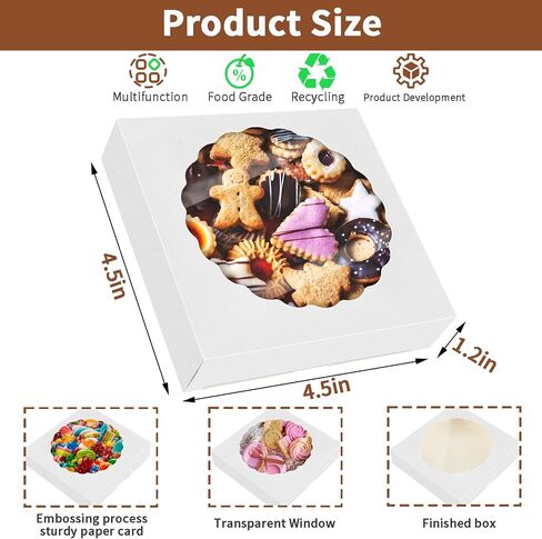 HONGFAPK 50pcs Pack White of Cookie Boxes 4 1/2" x 4 1/2" x 1 1/5" Inches, Individual Small Gift Boxes with Window, Dessert Boxes,Pastry boxes, Mini Dount Boxes in Saudi Arabia