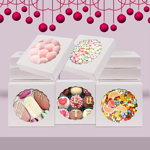 HONGFAPK 50pcs Pack White of Cookie Boxes 4 1/2" x 4 1/2" x 1 1/5" Inches, Individual Small Gift Boxes with Window, Dessert Boxes,Pastry boxes, Mini Dount Boxes in Saudi Arabia