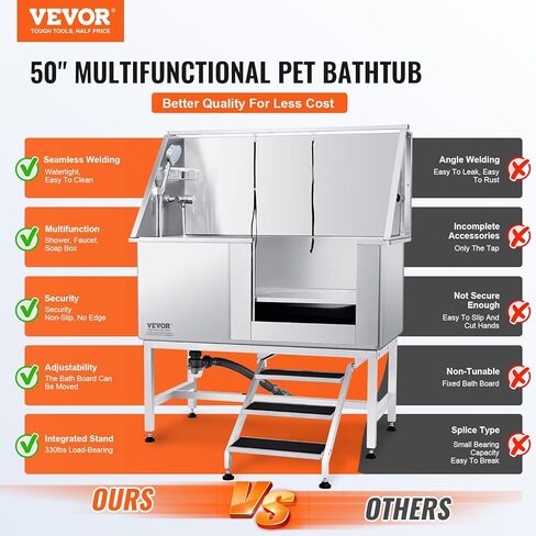 VEVOR 50 "Pet Dog Station W/الدرج ، حوض استحسان الكلاب المهنية من الفولاذ المقاوم للصدأ مع صندوق الصابون ، صنبور ، ملحق غني ، حوض استحمام للكلاب للحيوانات الأليفة الكبيرة ، والحيوانات الأليفة الصغيرة ، وحوض الغسيل للمنزل يمينًا in Kuwait