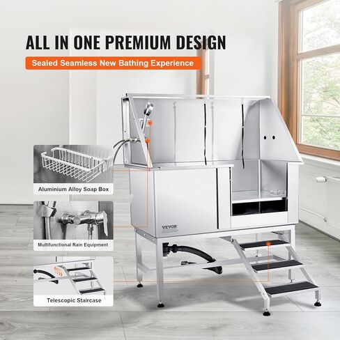 VEVOR 50 "Pet Dog Station W/الدرج ، حوض استحسان الكلاب المهنية من الفولاذ المقاوم للصدأ مع صندوق الصابون ، صنبور ، ملحق غني ، حوض استحمام للكلاب للحيوانات الأليفة الكبيرة ، والحيوانات الأليفة الصغيرة ، وحوض الغسيل للمنزل يمينًا in Kuwait