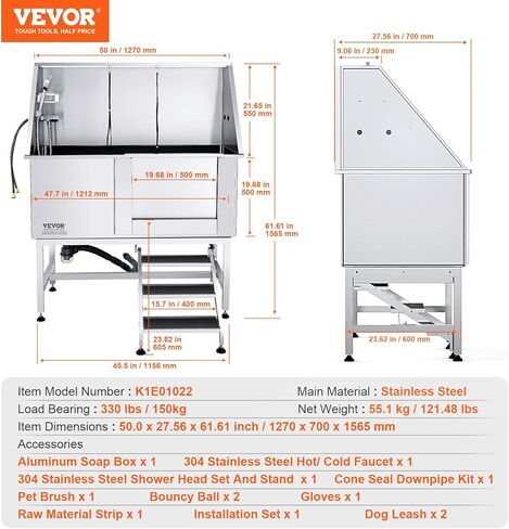 VEVOR 50 "Pet Dog Station W/الدرج ، حوض استحسان الكلاب المهنية من الفولاذ المقاوم للصدأ مع صندوق الصابون ، صنبور ، ملحق غني ، حوض استحمام للكلاب للحيوانات الأليفة الكبيرة ، والحيوانات الأليفة الصغيرة ، وحوض الغسيل للمنزل يمينًا in Kuwait
