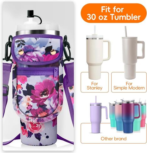 Water Bottle Carrier Bag with Phone Pocket for Stanley 40/30 oz Tumbler Neoprene Insulated Mug Sleeve Pouch with 2 Pockets & Adjustable Strap & Straw Cover for Stanley Cup Accessories in Saudi Arabia