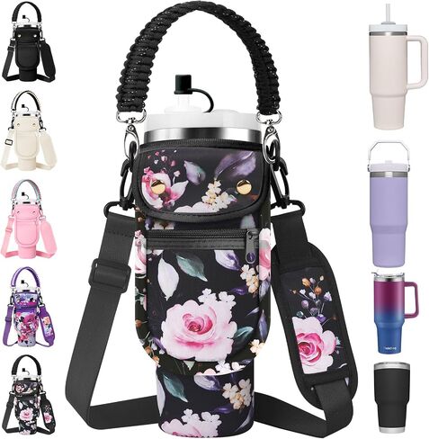 Water Bottle Carrier Bag with Phone Pocket for Stanley 40/30 oz Tumbler Neoprene Insulated Mug Sleeve Pouch with 2 Pockets & Adjustable Strap & Straw Cover for Stanley Cup Accessories in Saudi Arabia