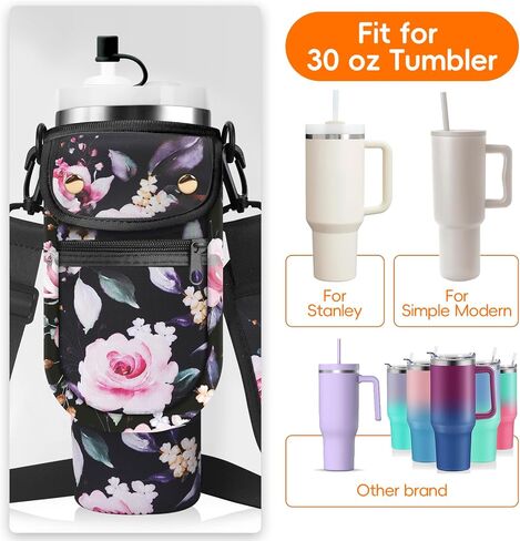 Water Bottle Carrier Bag with Phone Pocket for Stanley 40/30 oz Tumbler Neoprene Insulated Mug Sleeve Pouch with 2 Pockets & Adjustable Strap & Straw Cover for Stanley Cup Accessories in Saudi Arabia