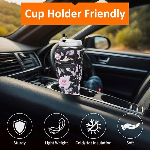 Water Bottle Carrier Bag with Phone Pocket for Stanley 40/30 oz Tumbler Neoprene Insulated Mug Sleeve Pouch with 2 Pockets & Adjustable Strap & Straw Cover for Stanley Cup Accessories in Saudi Arabia