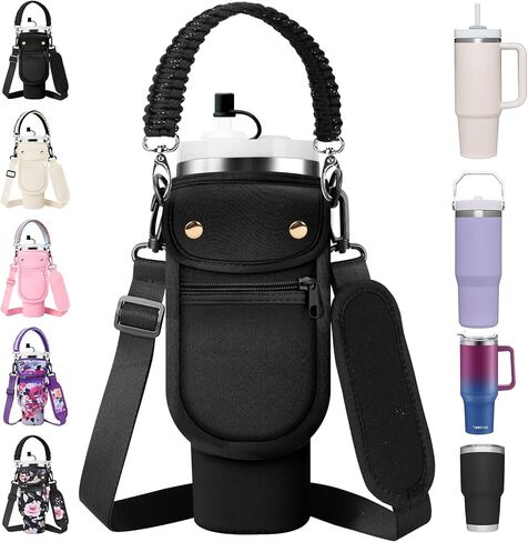 Water Bottle Carrier Bag with Phone Pocket for Stanley 40/30 oz Tumbler Neoprene Insulated Mug Sleeve Pouch with 2 Pockets & Adjustable Strap & Straw Cover for Stanley Cup Accessories in Kuwait