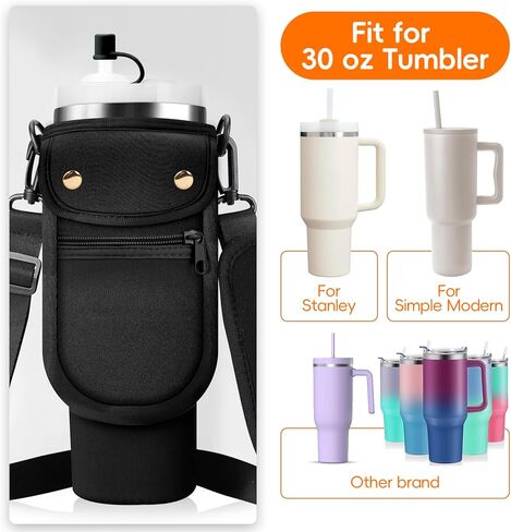 Water Bottle Carrier Bag with Phone Pocket for Stanley 40/30 oz Tumbler Neoprene Insulated Mug Sleeve Pouch with 2 Pockets & Adjustable Strap & Straw Cover for Stanley Cup Accessories in Kuwait