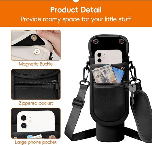 Water Bottle Carrier Bag with Phone Pocket for Stanley 40/30 oz Tumbler Neoprene Insulated Mug Sleeve Pouch with 2 Pockets & Adjustable Strap & Straw Cover for Stanley Cup Accessories in Kuwait