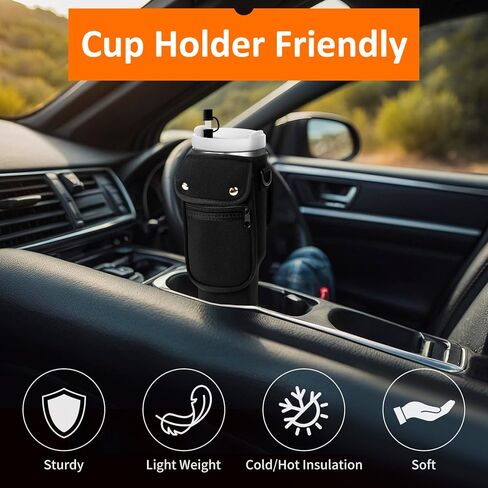 Water Bottle Carrier Bag with Phone Pocket for Stanley 40/30 oz Tumbler Neoprene Insulated Mug Sleeve Pouch with 2 Pockets & Adjustable Strap & Straw Cover for Stanley Cup Accessories in Kuwait