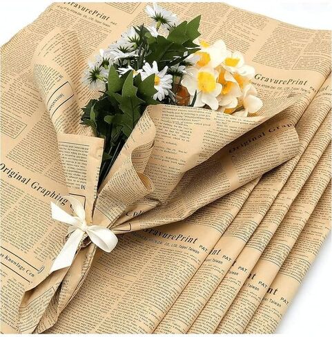 Ruspepa 20 Sheets Kraft Newspaper Flower Flower Paper ، ورق باقة الأزهار القابلة للانعكاس ، تصميم NEWSPRINT الأسود Kraft لعيد الميلاد ، زهور الزهور ، حفل زفاف ، عيد الحب ، عيد الأم و DIY in Saudi Arabia