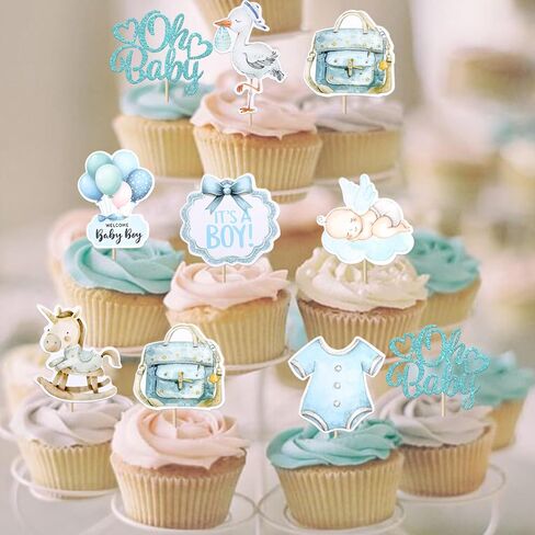 Rsstarxi 40 Pack Baby Cupcake Toppers Oh Baby Shower Decorations - Trojan Horse It's a Boy Cupcake Picks for Welcome Baby Boys Birthday Party Cake Decorations in Kuwait