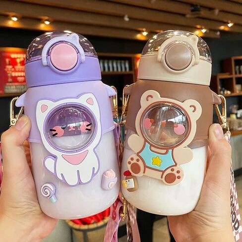 Kawaii Bear Water Bottle with Straw and Shoulder Strap, 25oz Cute Large Capacity Water Bottles with 3D Stickers for Girls, School(Pink) in Saudi Arabia