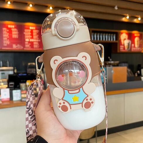 Kawaii Bear Water Bottle with Straw and Shoulder Strap, 25oz Cute Large Capacity Water Bottles with 3D Stickers for Girls, School(Pink) in Saudi Arabia