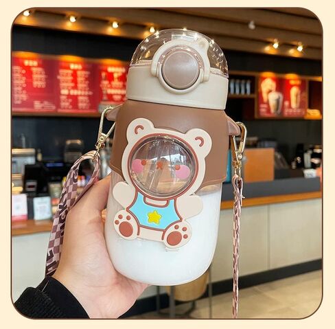 Kawaii Bear Water Bottle with Straw and Shoulder Strap, 25oz Cute Large Capacity Water Bottles with 3D Stickers for Girls, School(Pink) in Saudi Arabia