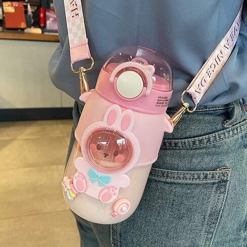 Kawaii Bear Water Bottle with Straw and Shoulder Strap, 25oz Cute Large Capacity Water Bottles with 3D Stickers for Girls, School(Pink) in Saudi Arabia
