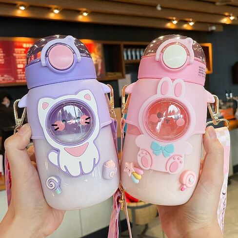 Kawaii Bear Water Bottle with Straw and Shoulder Strap, 25oz Cute Large Capacity Water Bottles with 3D Stickers for Girls, School(Pink) in Saudi Arabia