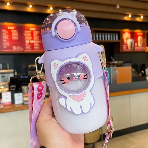 Kawaii Bear Water Bottle with Straw and Shoulder Strap, 25oz Cute Large Capacity Water Bottles with 3D Stickers for Girls, School(Pink) in Saudi Arabia