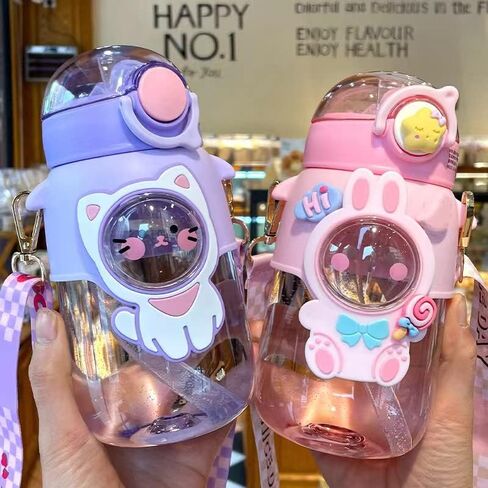 Kawaii Bear Water Bottle with Straw and Shoulder Strap, 25oz Cute Large Capacity Water Bottles with 3D Stickers for Girls, School(Pink) in Saudi Arabia