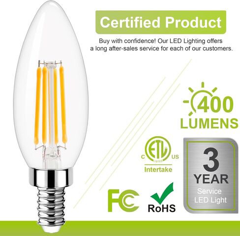 GOLSPARK E12 LED Bulb Dimmable, Candelabra LED Bulb 40W Equivalent, 3000K Warm White, B11 B10 Type B LED Light Bulbs 4W, 400LM, CRI 85+, Clear Filament Candle Light Bulbs Small Base, 6 Pack in Kuwait