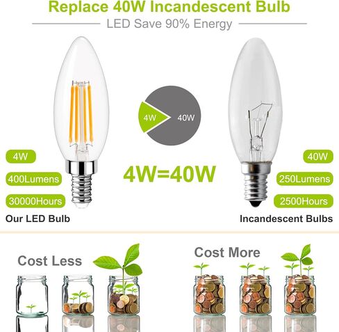 GOLSPARK E12 LED Bulb Dimmable, Candelabra LED Bulb 40W Equivalent, 3000K Warm White, B11 B10 Type B LED Light Bulbs 4W, 400LM, CRI 85+, Clear Filament Candle Light Bulbs Small Base, 6 Pack in Kuwait