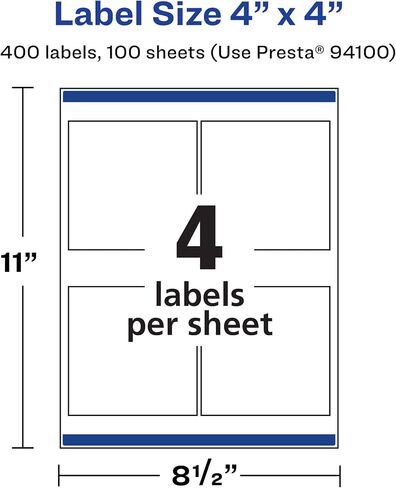 Avery Matte White Removable Square Labels with Sure Feed Technology, 4" x 4", 400 Removable Labels, Laser/Inkjet Printable Labels in Kuwait