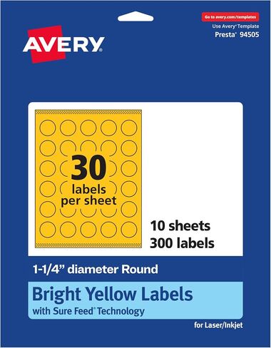 Avery Printable Round Labels with Sure Feed Technology, 1-1/4" Diameter, Bright Yellow Labels, Print-to-The-Edge, Laser/Inkjet, 300 Total, Great for Price Stickers and Mailing Seals in Kuwait