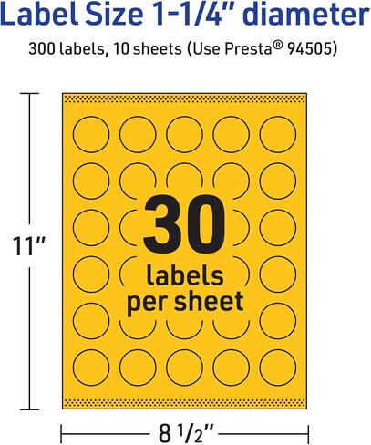 Avery Printable Round Labels with Sure Feed Technology, 1-1/4" Diameter, Bright Yellow Labels, Print-to-The-Edge, Laser/Inkjet, 300 Total, Great for Price Stickers and Mailing Seals in Kuwait