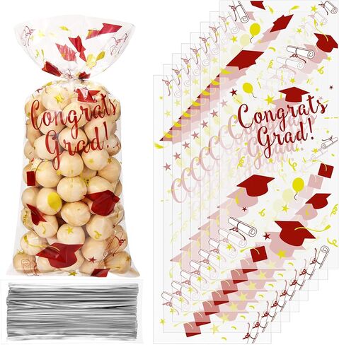 Blulu 100 Pieces Graduation Cellophane Treat Bags Congrats Graduates Candy Plastic Goodie Wrapping Gift Bags with 100 Silver Twist Ties for Grad Party Supplies(Green Gold) in Saudi Arabia